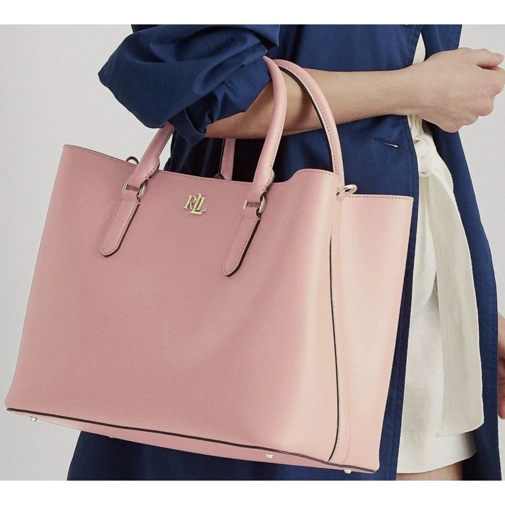 LRL RALPH LAUREN Large Leather Marcy Satchel Tote Bag SPRING ROSE PINK Near Mint